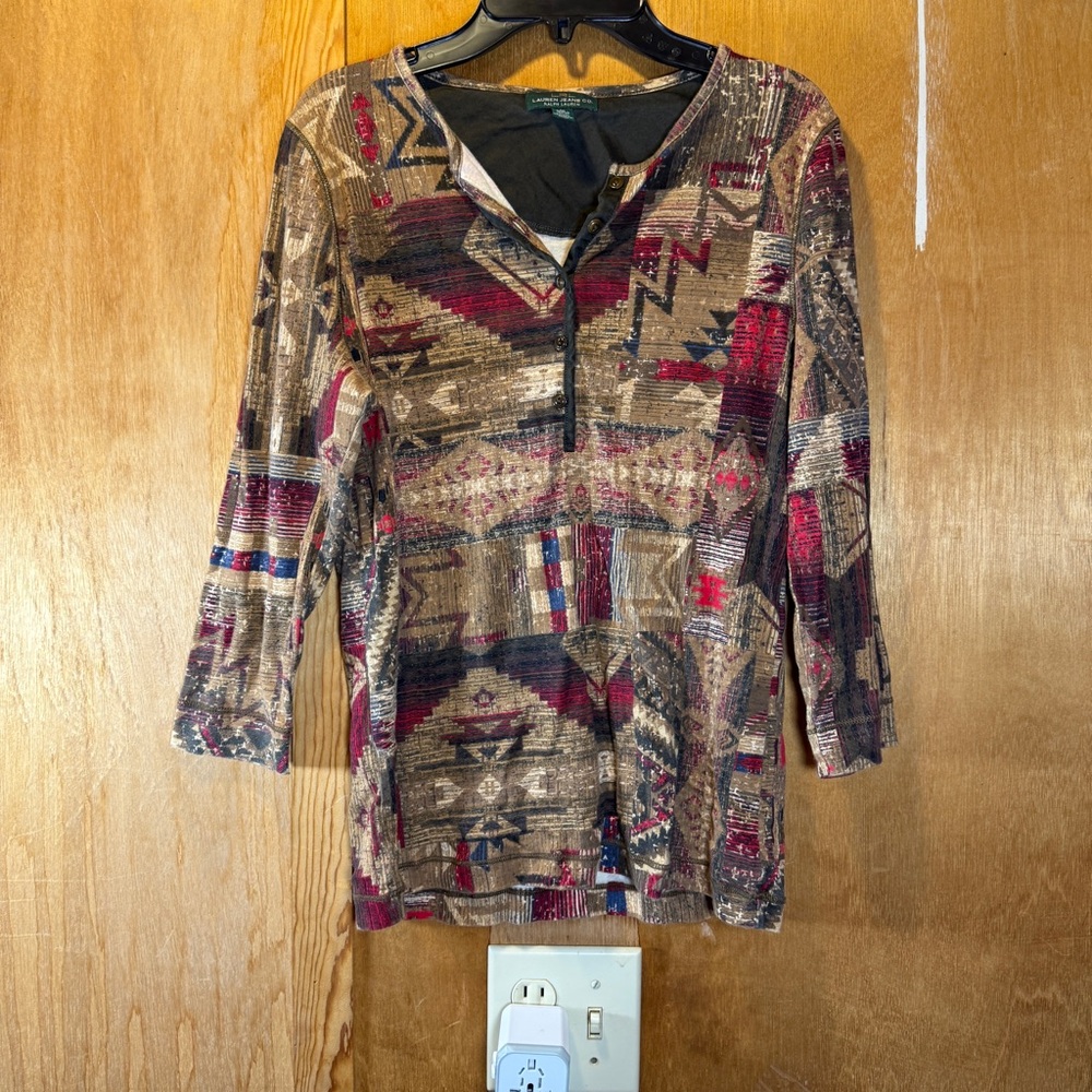 Ralph Lauren Aztec Henley Shirt Womens Multicolor 3/4 Sleeve M RRL
